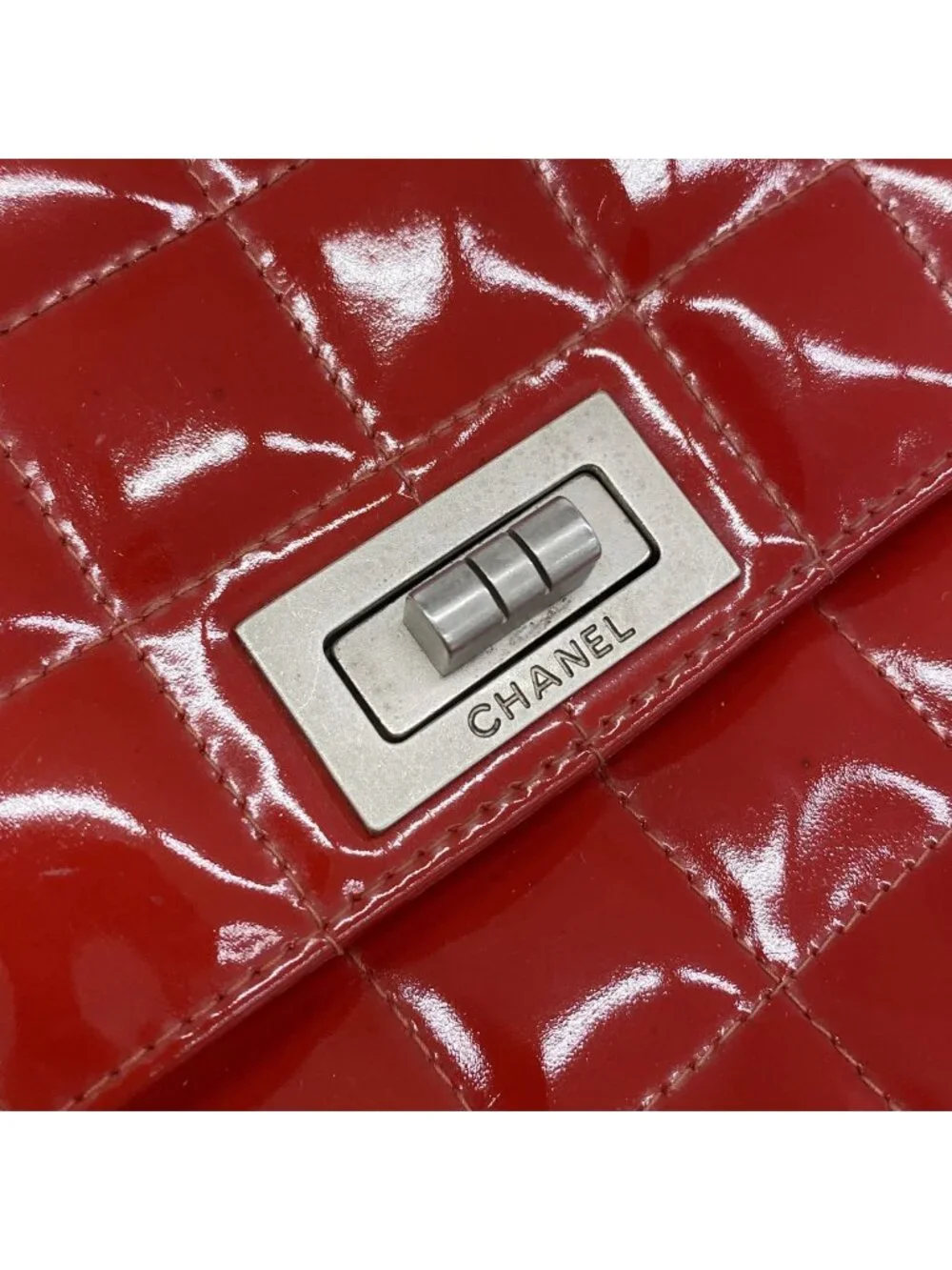 Chanel Shoulder Bag 2.55 Choco Bar Patent Leather Red Silver